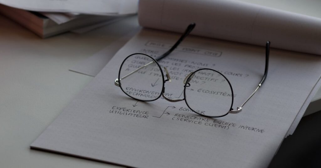 Reading glasses on a notebook paper.