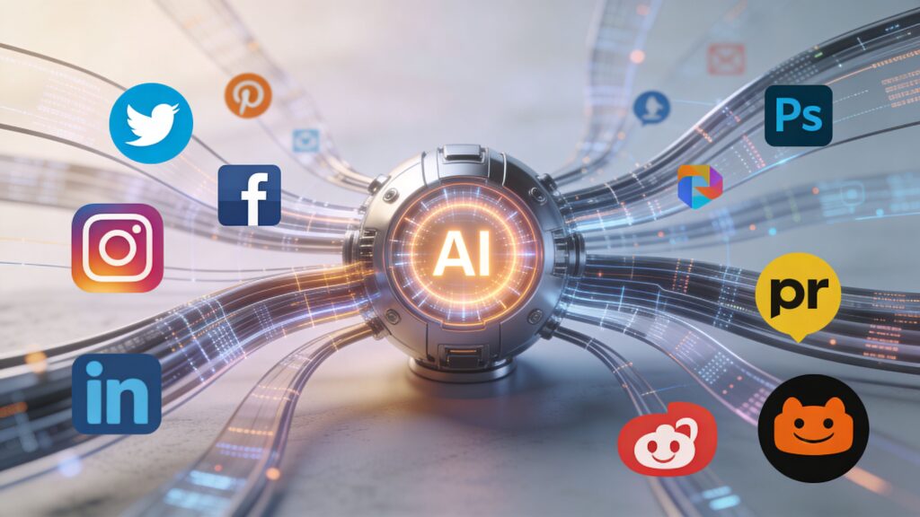 A futuristic glowing AI orb connected to various social media and creative software brand icons.