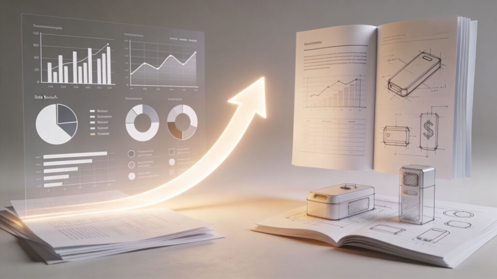 A conceptual illustration showing market analysis data and product design sketches connected by a glowing upward arrow.
