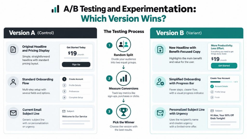 An infographic illustrating A/B testing methods by comparing a control version against a variant version.