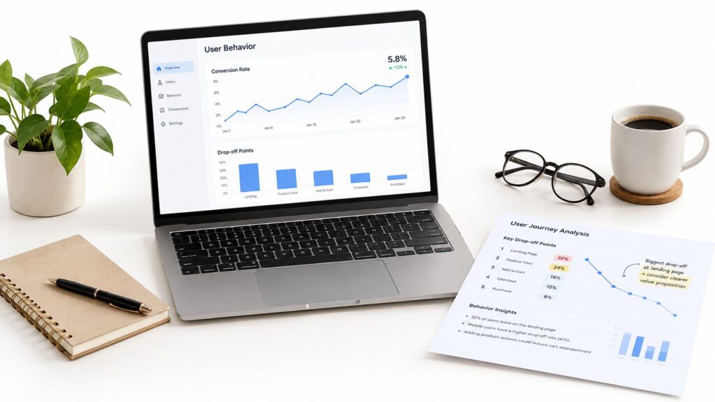 A modern workspace with a laptop displaying user behavior analytics, a coffee mug, and marketing research documents.