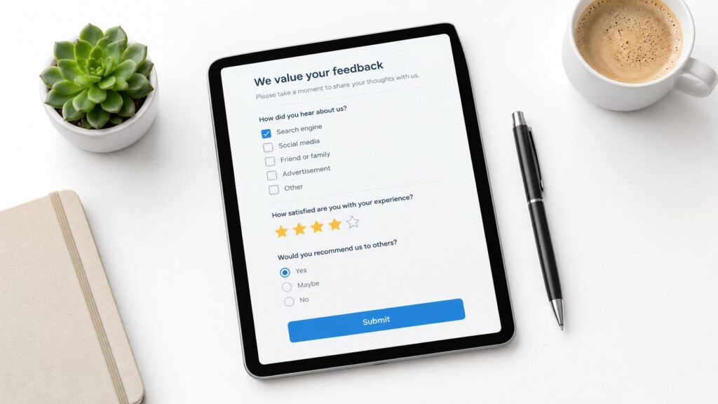 A digital feedback survey form displayed on a tablet screen, surrounded by a notebook, plant, and coffee.